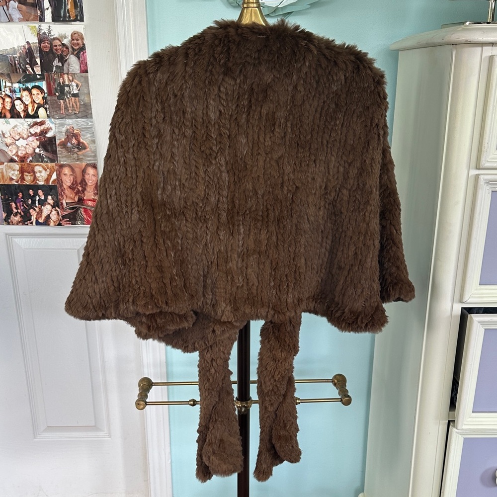 Max Studio Brown Knitted Rabbit Fur Cape with a Tie Closure. - Picture 5 of 7